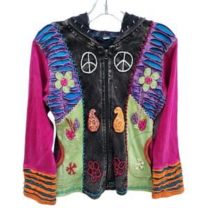 NEW Patchwork Peace Sign Paisley Hippie ZipUp Jacket sz S Festival Boho Cochella